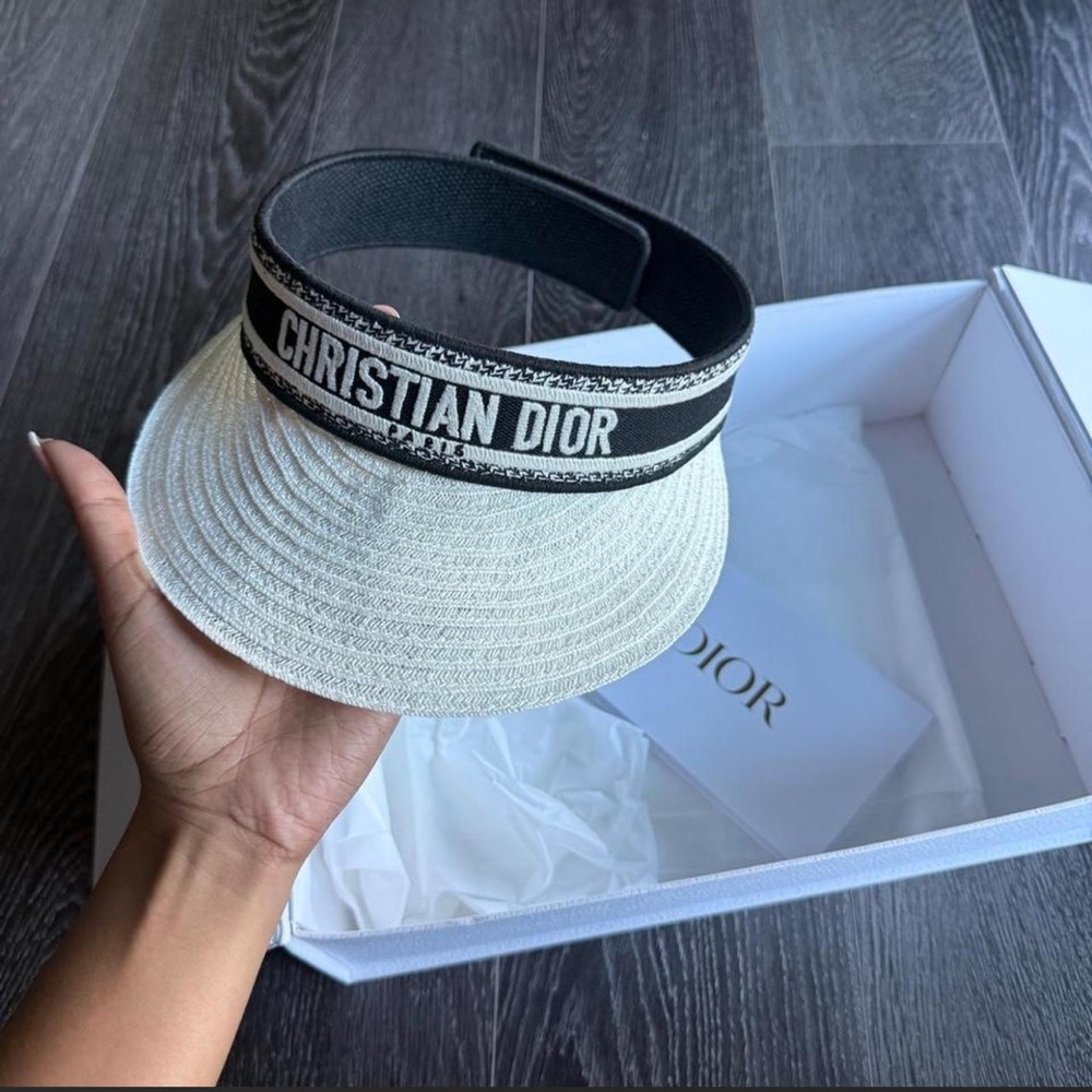 Dior Cream Straw Visor with Black Christian Dior Band